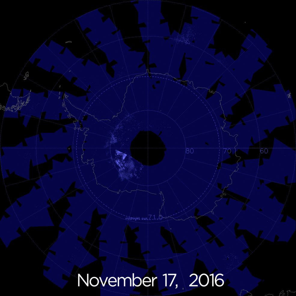 AIM spacecraft shows the sky over Antarctica is glowing electric blue due to the start of noctilucent, or night-shining, cloud season in the Southern Hemisphere.